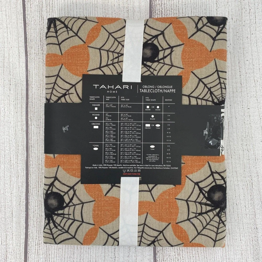 Tahari Home Tablecloth Halloween 60x120 Oblong Beige Orange Spider Web Metallic